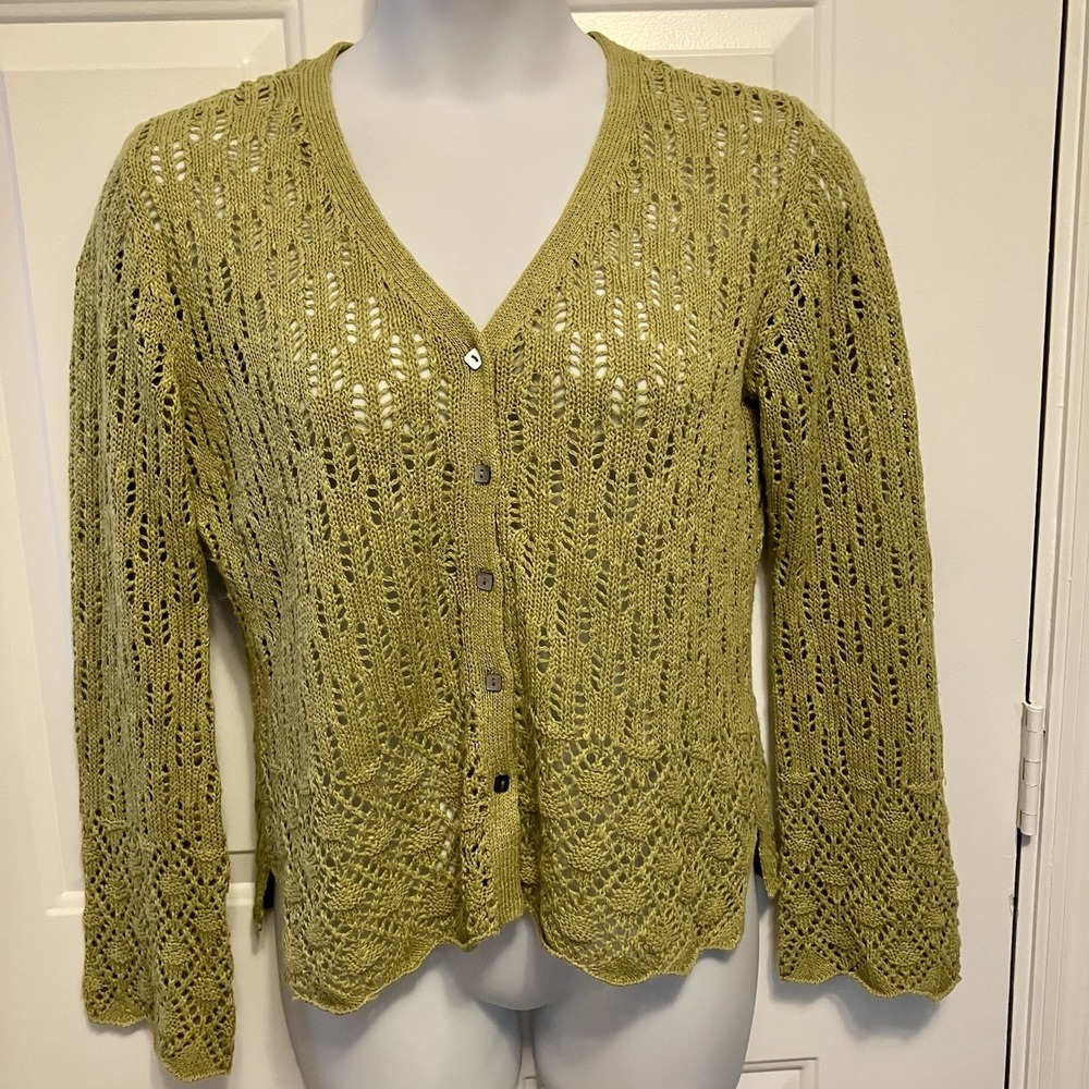 J Jill Sz Medium Open Knit Hemp Cotton Ramie Cardigan Green Crochet Cottagecore